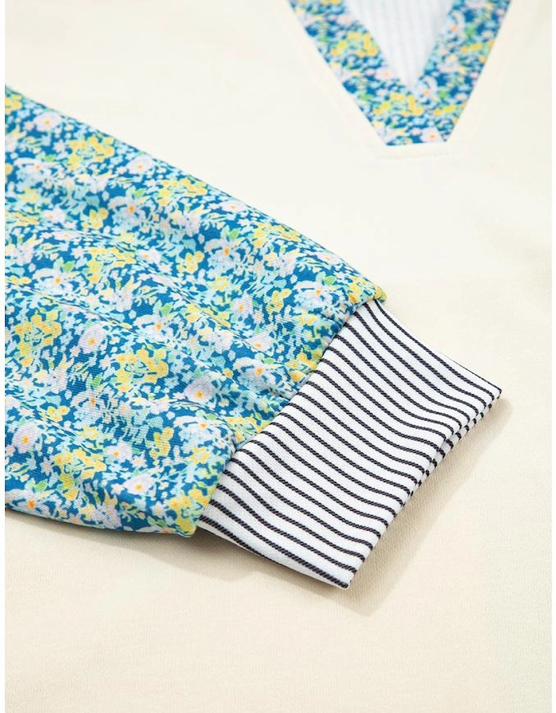 Beige Floral Striped Drop Sleeve Collared Boxy Fit Sweatshirt