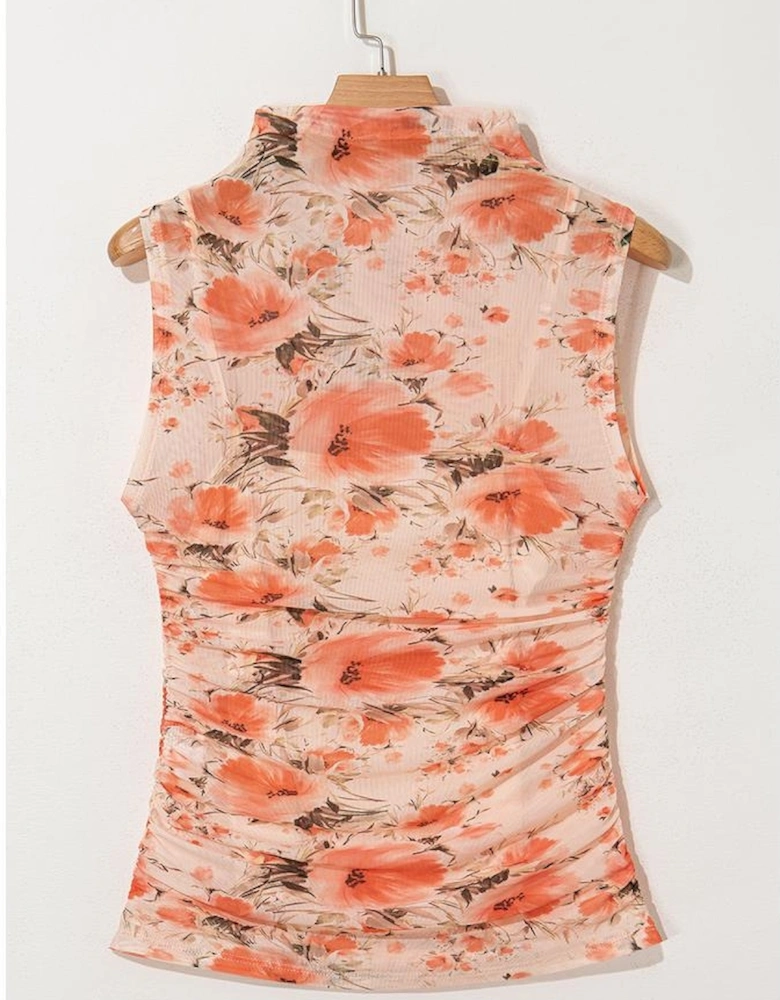 Red Mesh Floral Printed Slim Fit Tank Top
