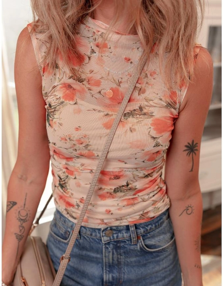 Red Mesh Floral Printed Slim Fit Tank Top