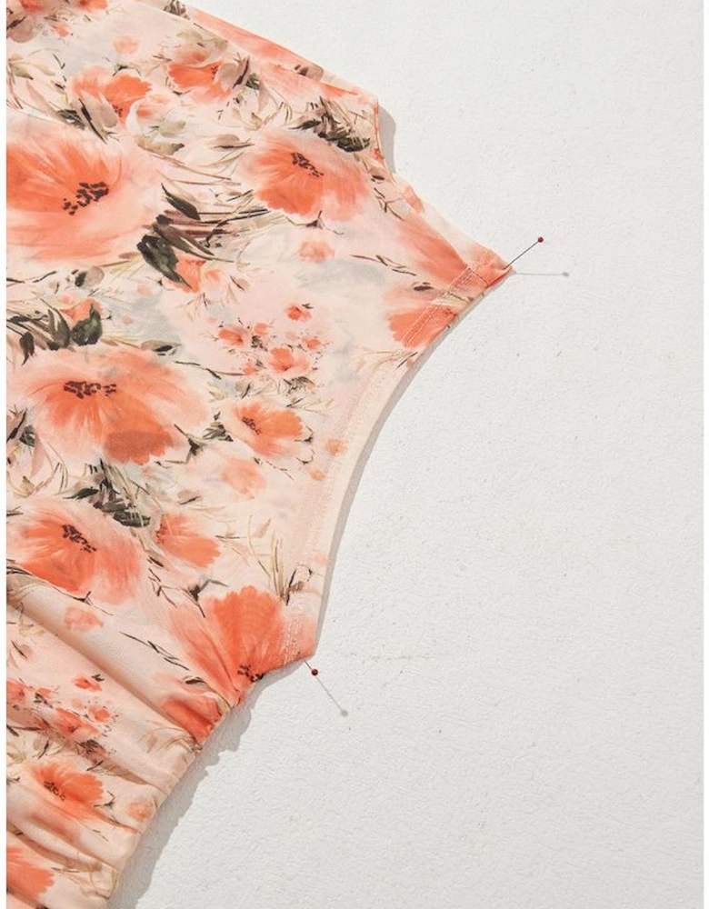 Red Mesh Floral Printed Slim Fit Tank Top