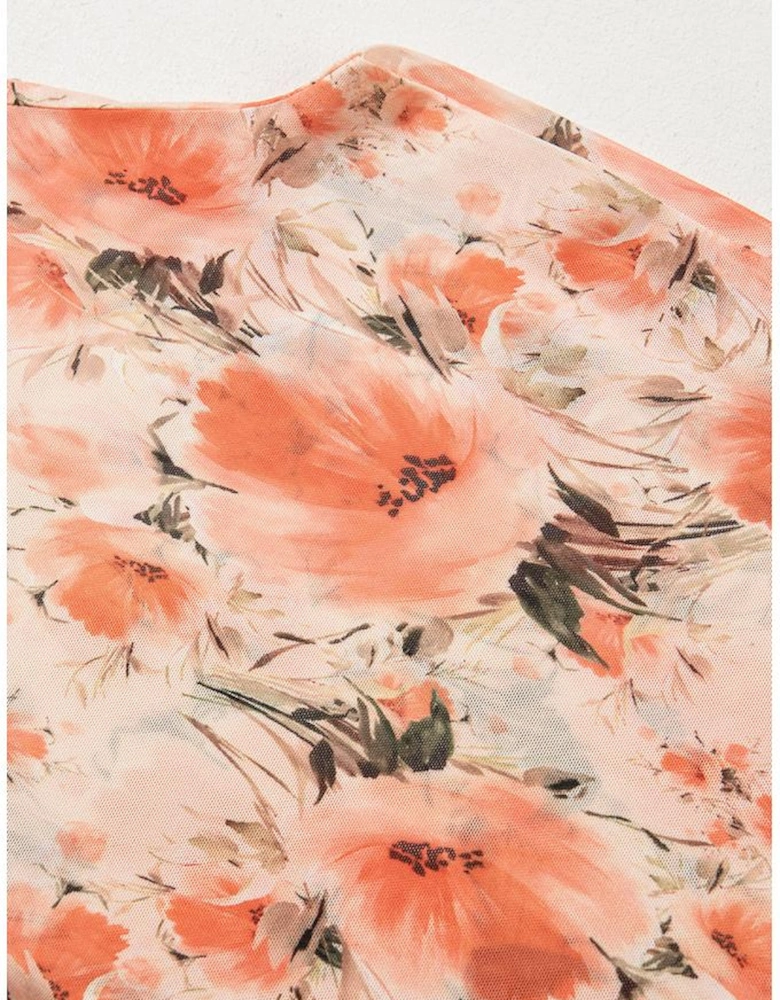 Red Mesh Floral Printed Slim Fit Tank Top