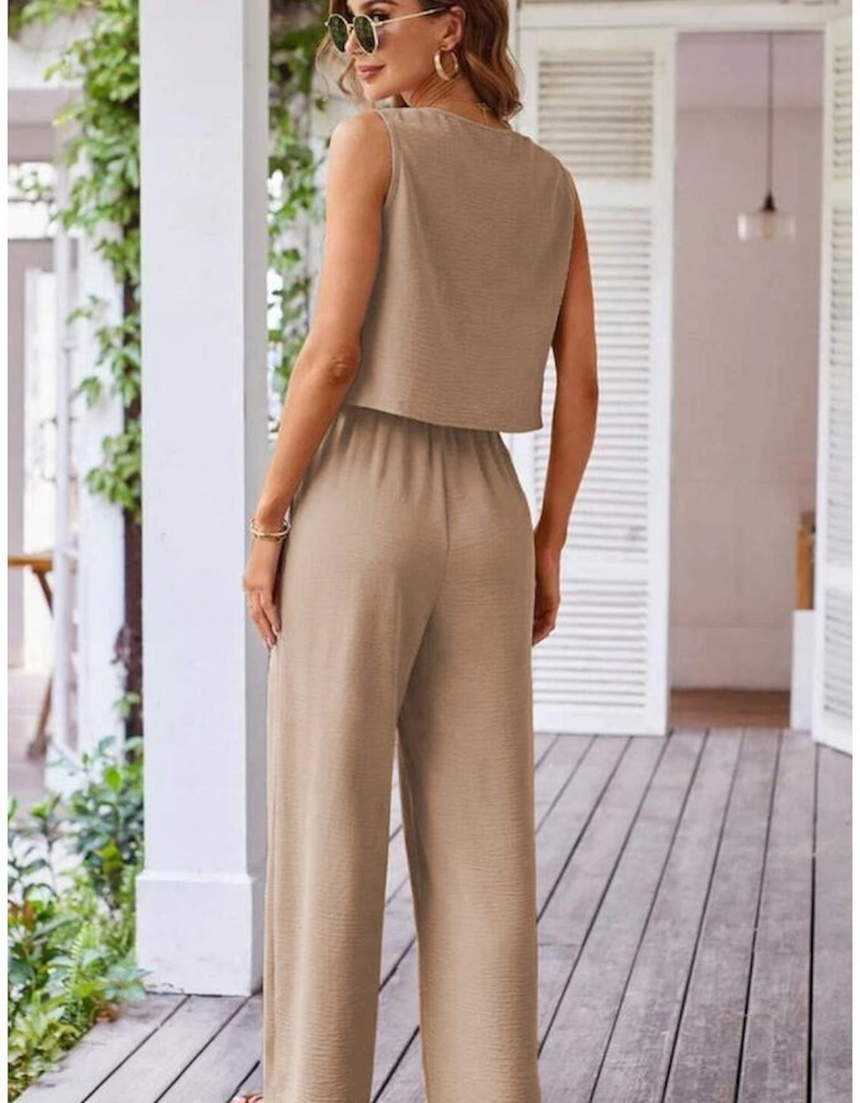 Goat Buttoned Vest Drawstring Wide Leg Pants 2pcs Set