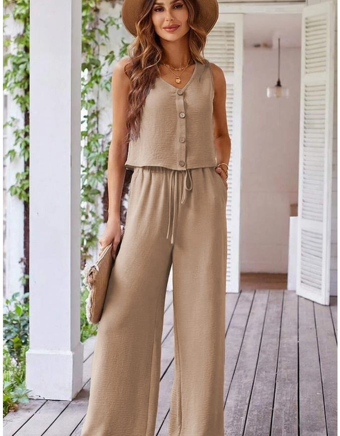 Goat Buttoned Vest Drawstring Wide Leg Pants 2pcs Set