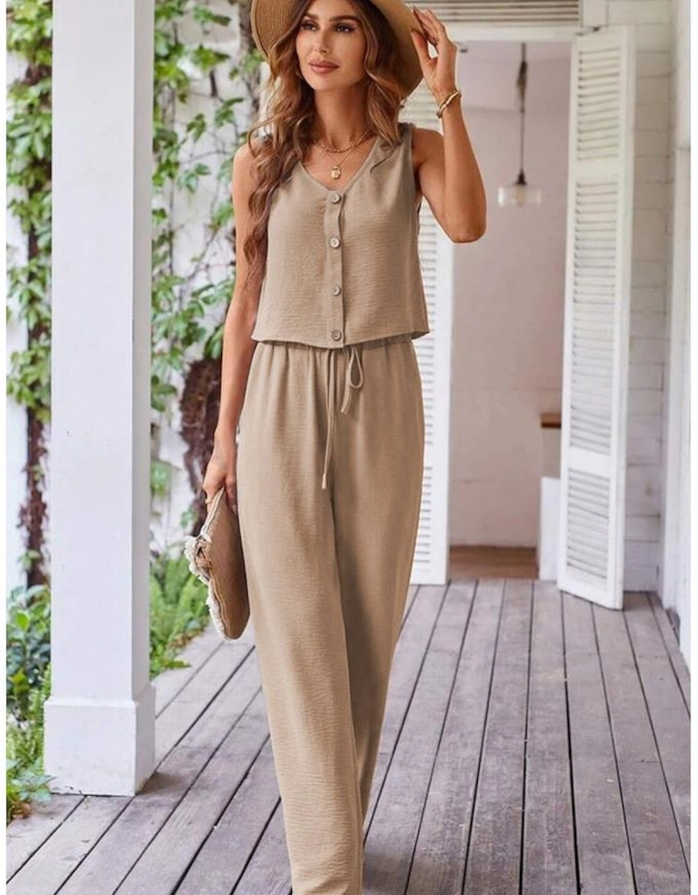 Goat Buttoned Vest Drawstring Wide Leg Pants 2pcs Set