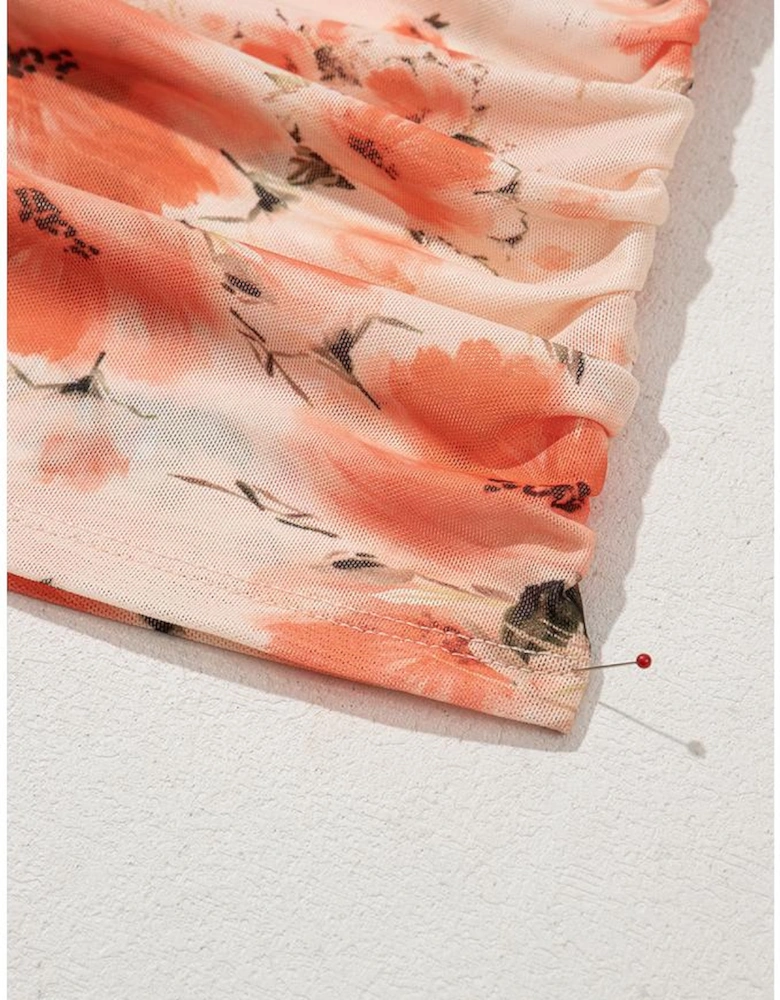 Red Mesh Floral Printed Slim Fit Tank Top