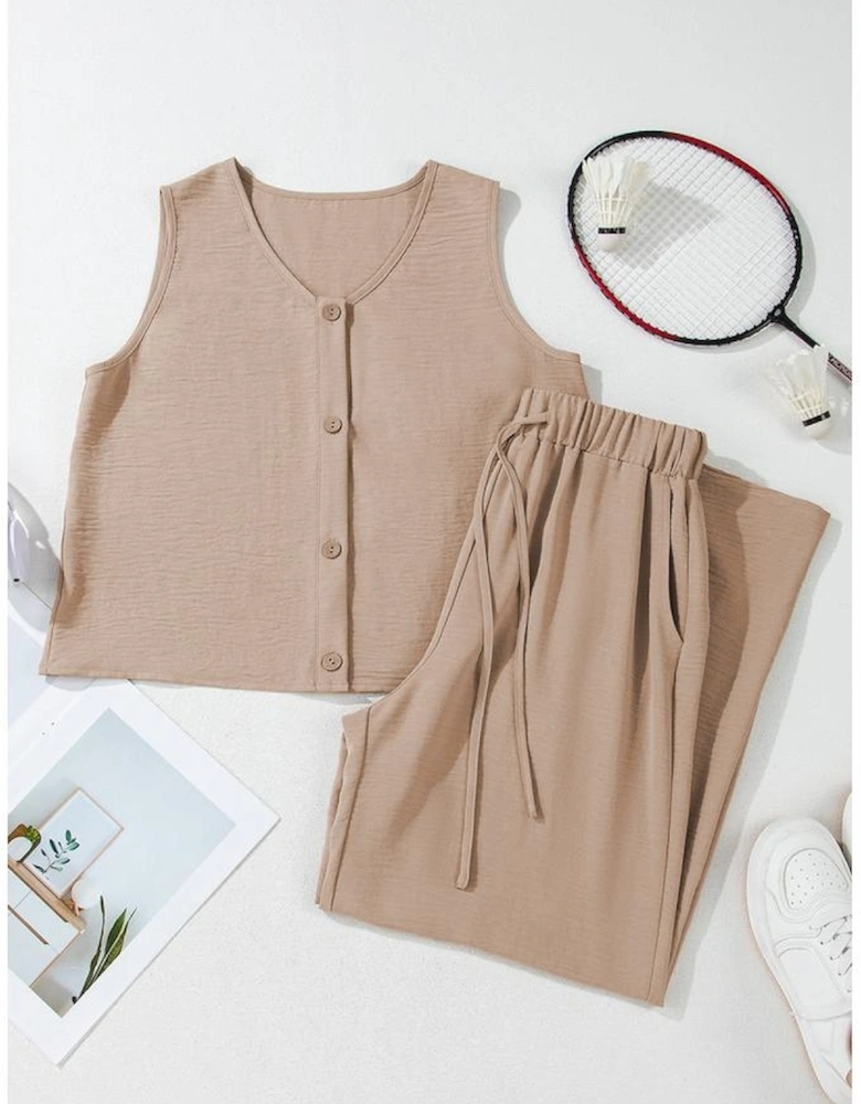 Goat Buttoned Vest Drawstring Wide Leg Pants 2pcs Set