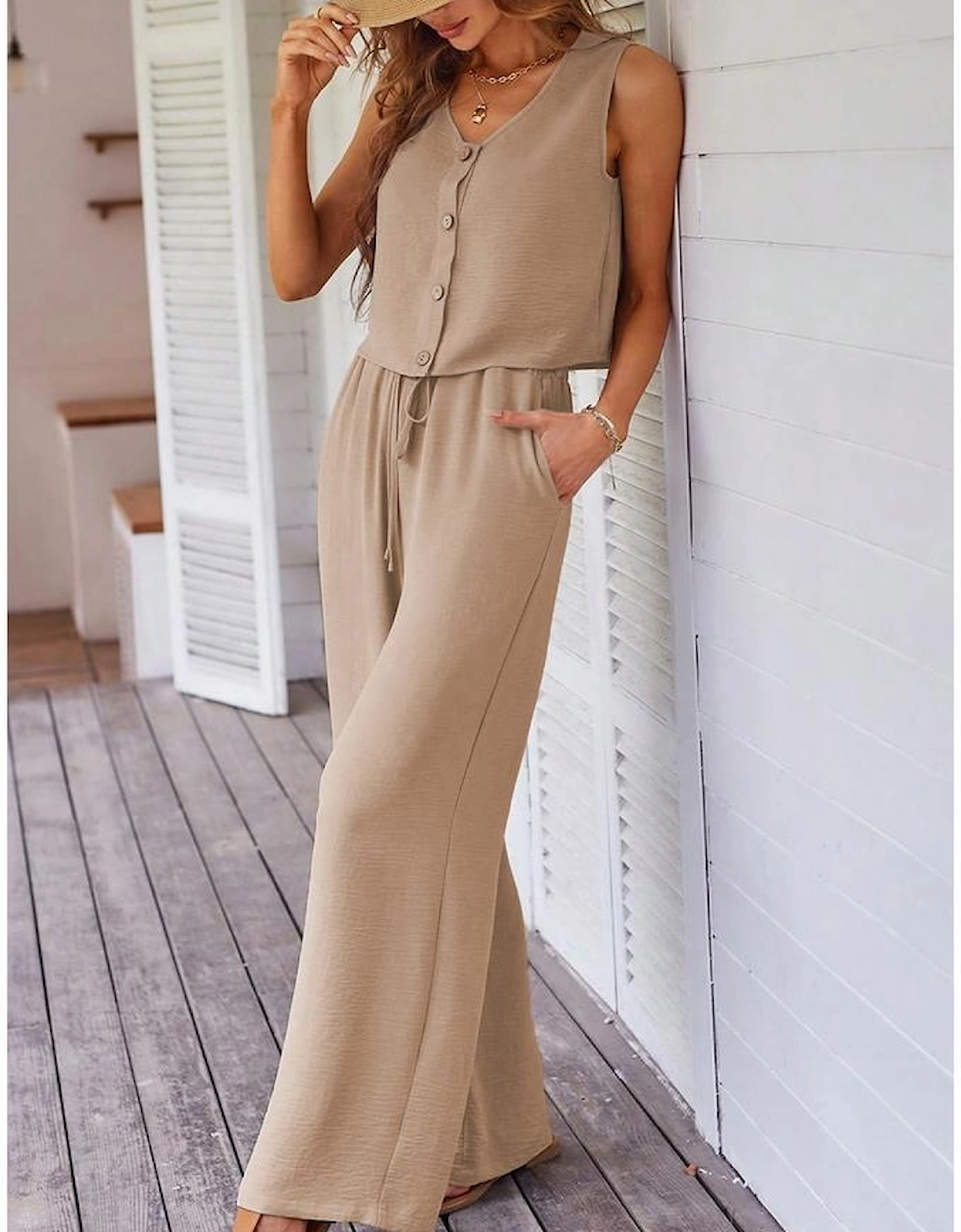 Goat Buttoned Vest Drawstring Wide Leg Pants 2pcs Set
