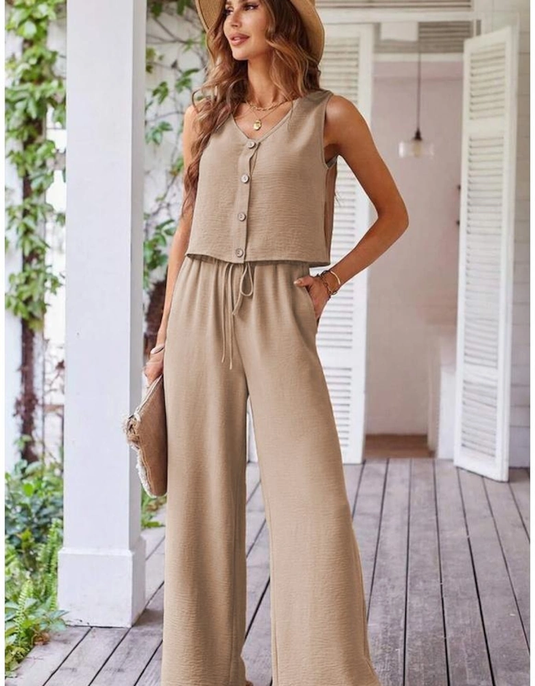 Goat Buttoned Vest Drawstring Wide Leg Pants 2pcs Set
