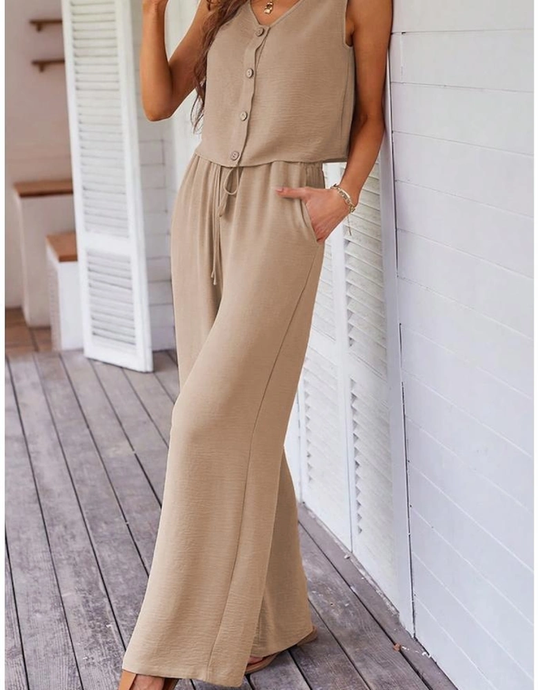 Goat Buttoned Vest Drawstring Wide Leg Pants 2pcs Set