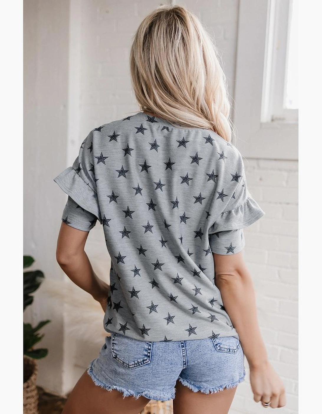 Gray USA Letter Patched Star Printed Ruffle Trim Sleeves Loose Tee