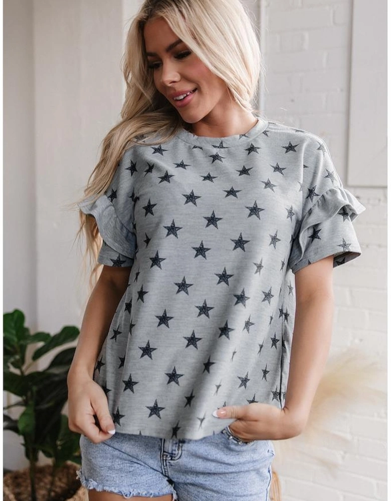 Gray Star Print Tiered Ruffled Sleeve Crew Neck T Shirt