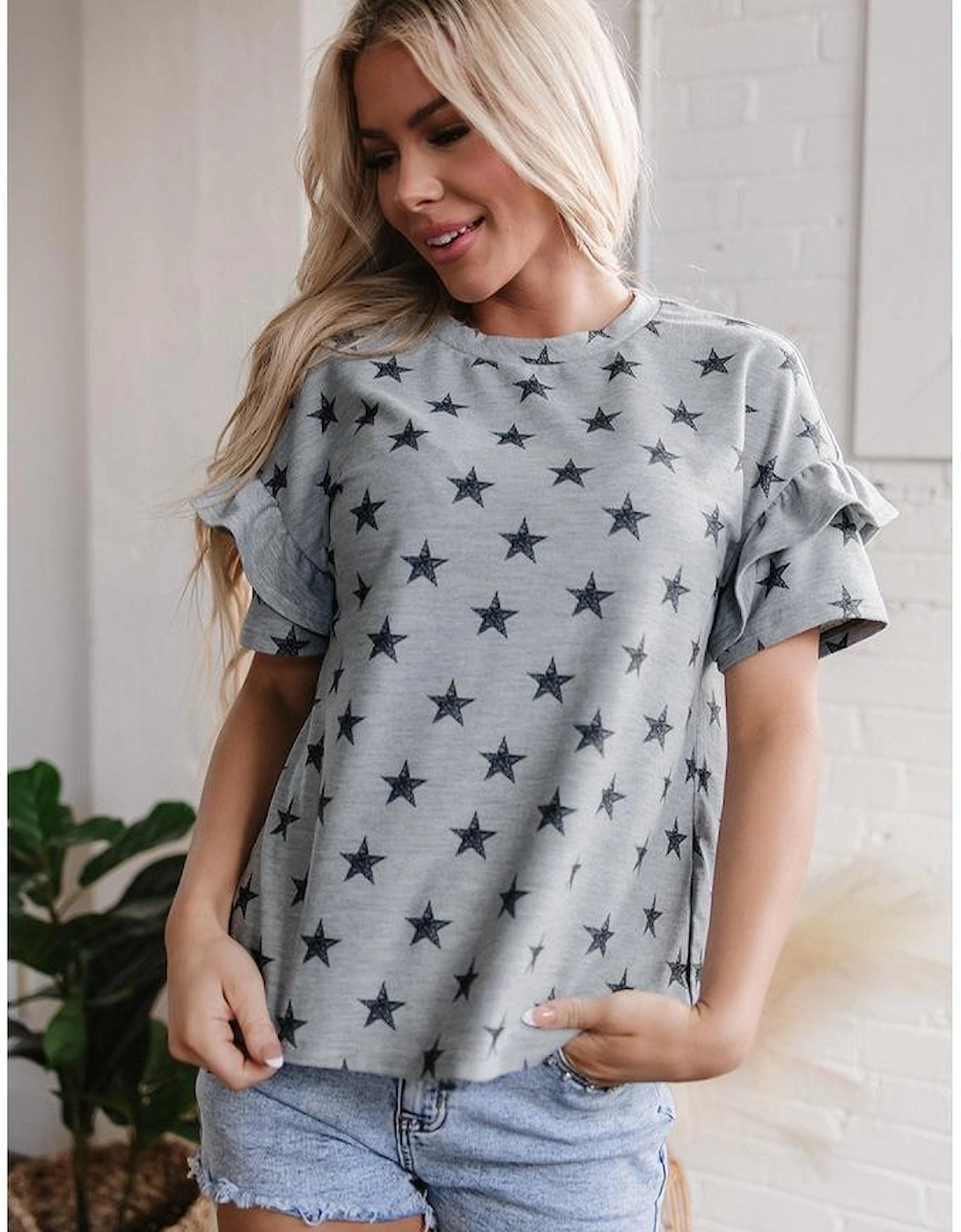 Gray Star Print Tiered Ruffled Sleeve Crew Neck T Shirt