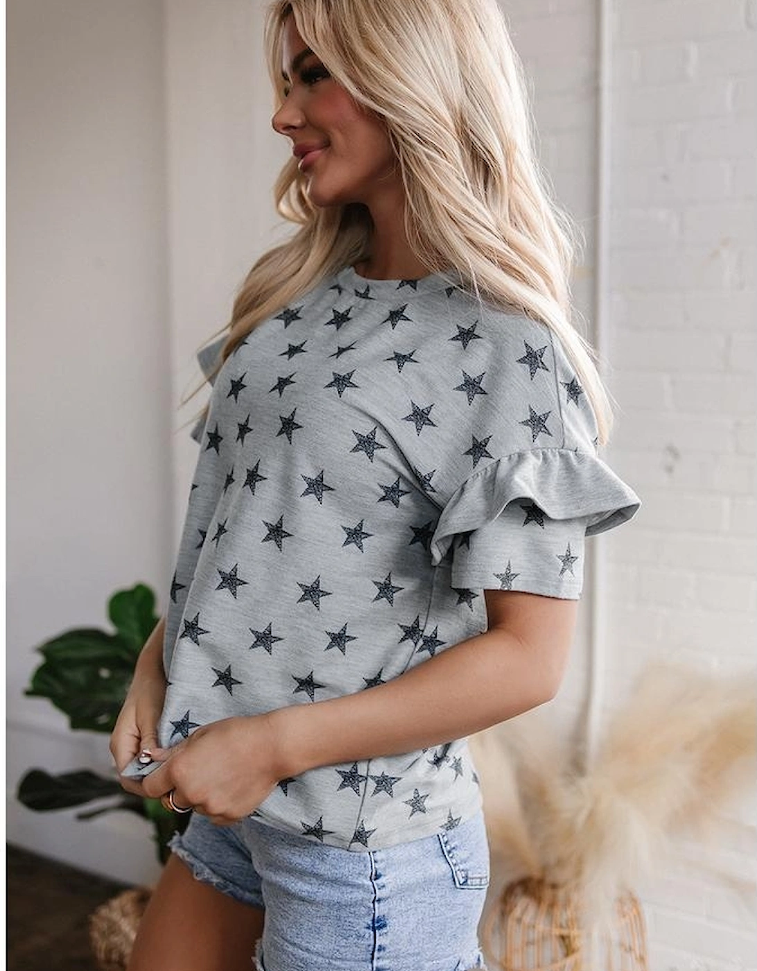 Gray Star Print Tiered Ruffled Sleeve Crew Neck T Shirt