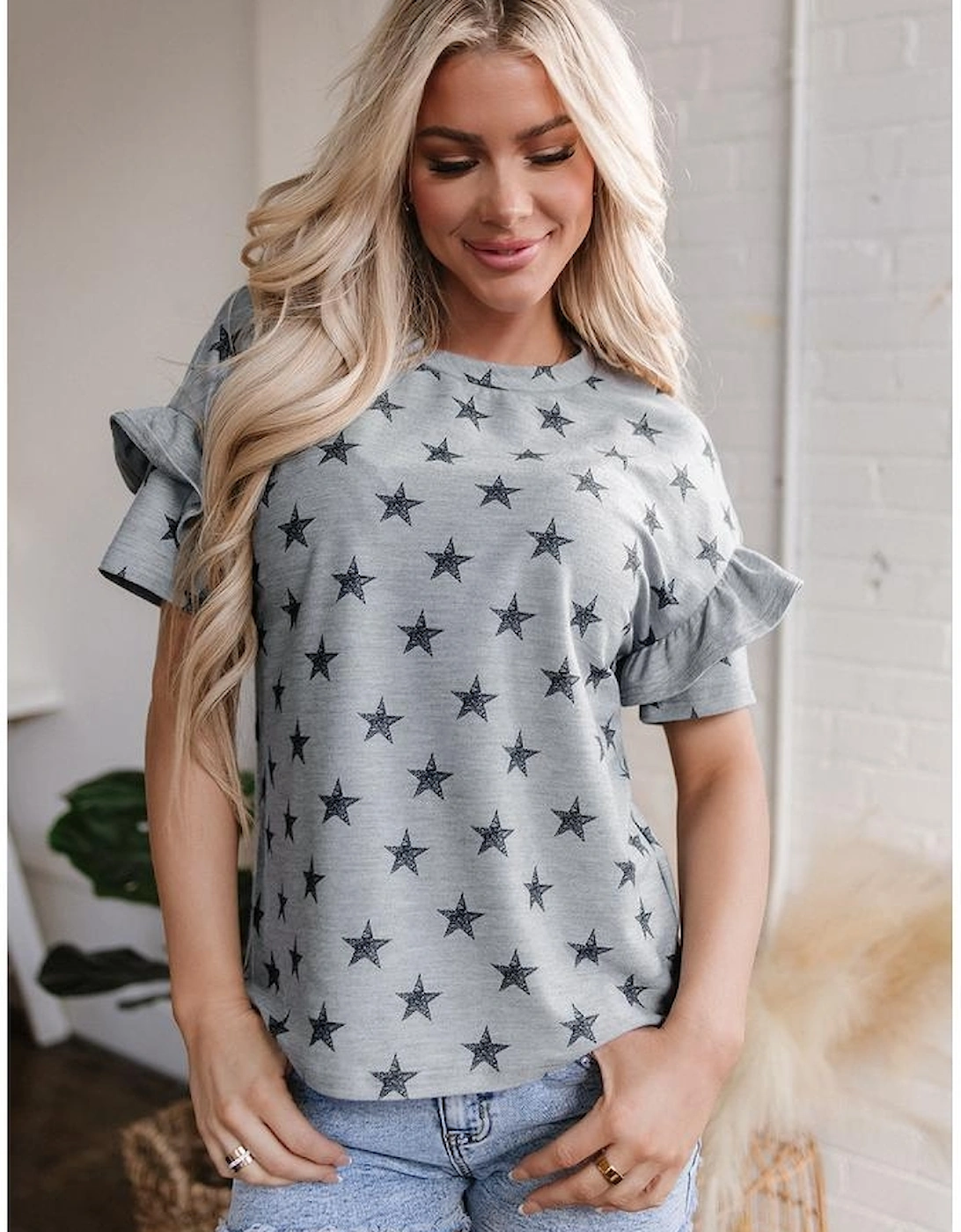 Gray Star Print Tiered Ruffled Sleeve Crew Neck T Shirt
