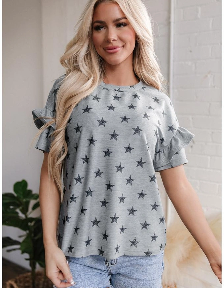 Gray Star Print Tiered Ruffled Sleeve Crew Neck T Shirt
