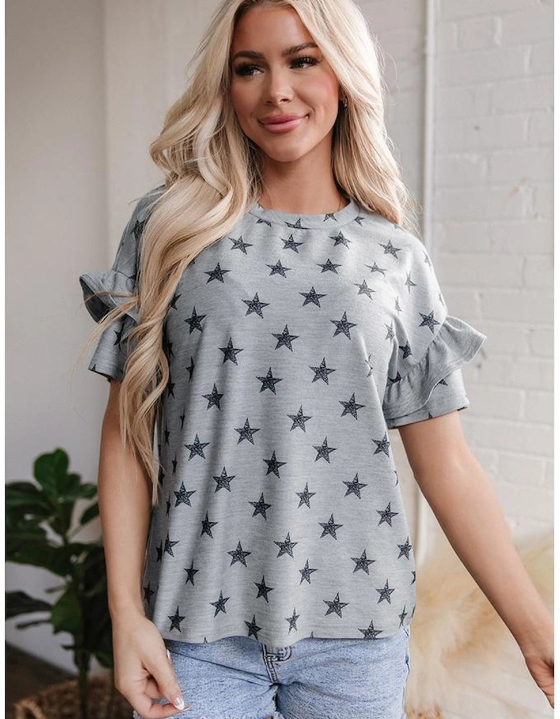 Gray Star Print Tiered Ruffled Sleeve Crew Neck T Shirt