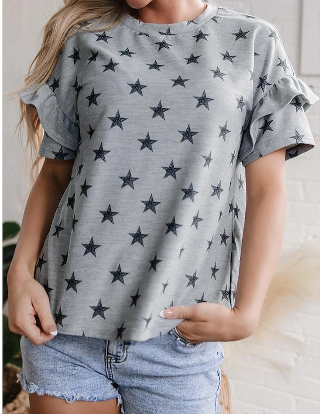 Gray Star Print Tiered Ruffled Sleeve Crew Neck T Shirt