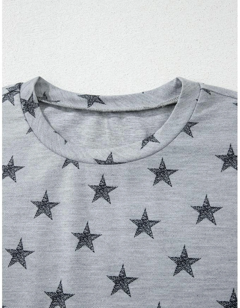 Gray Star Print Tiered Ruffled Sleeve Crew Neck T Shirt