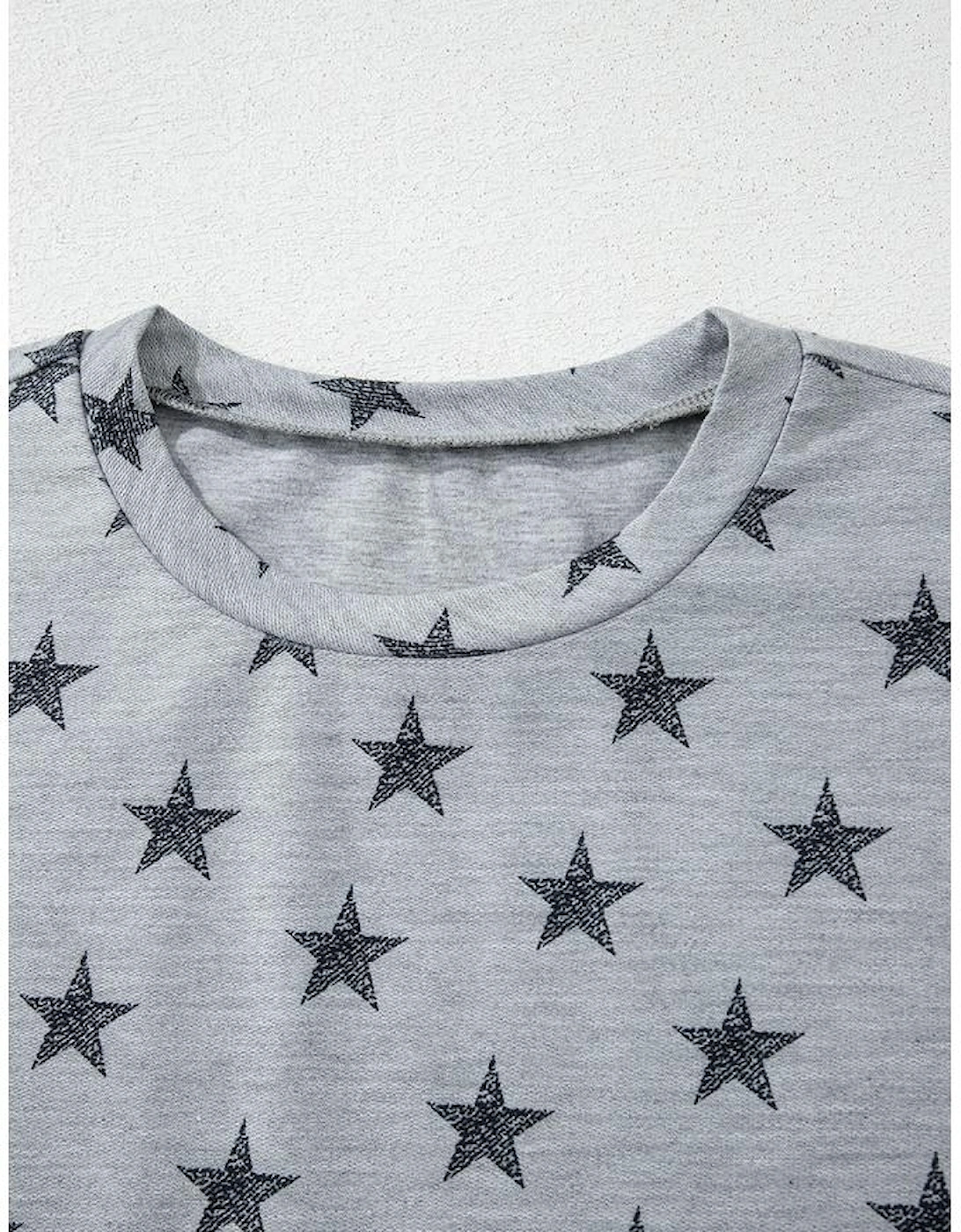 Gray Star Print Tiered Ruffled Sleeve Crew Neck T Shirt