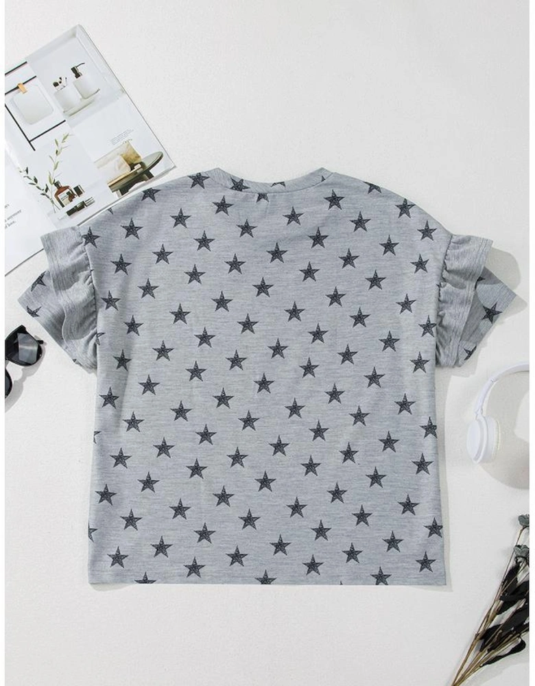 Gray USA Letter Patched Star Printed Ruffle Trim Sleeves Loose Tee