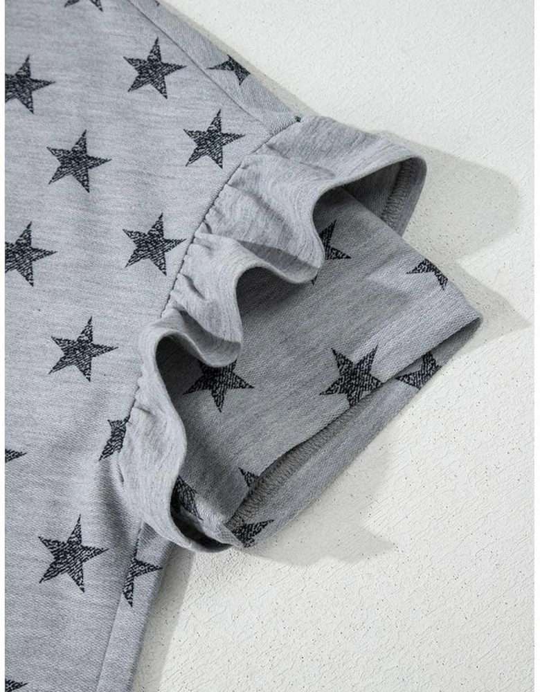 Gray Star Print Tiered Ruffled Sleeve Crew Neck T Shirt