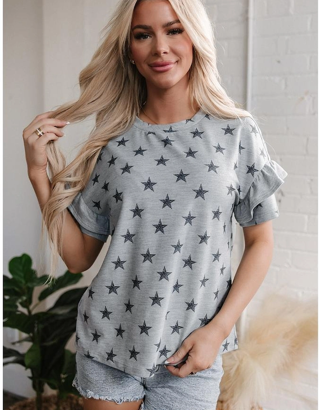 Gray Star Print Tiered Ruffled Sleeve Crew Neck T Shirt