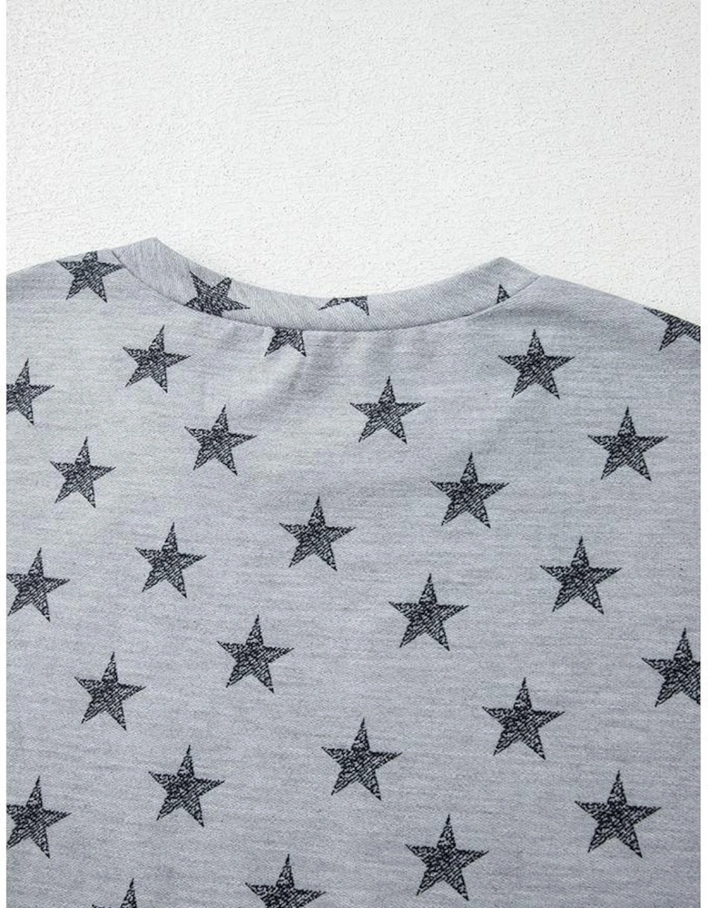 Gray Star Print Tiered Ruffled Sleeve Crew Neck T Shirt