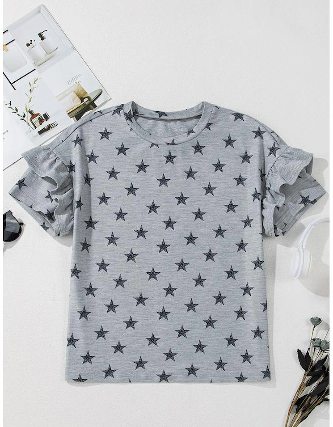Gray Star Print Tiered Ruffled Sleeve Crew Neck T Shirt