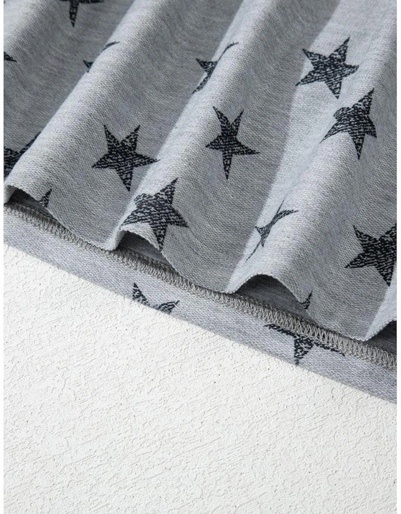 Gray Star Print Tiered Ruffled Sleeve Crew Neck T Shirt