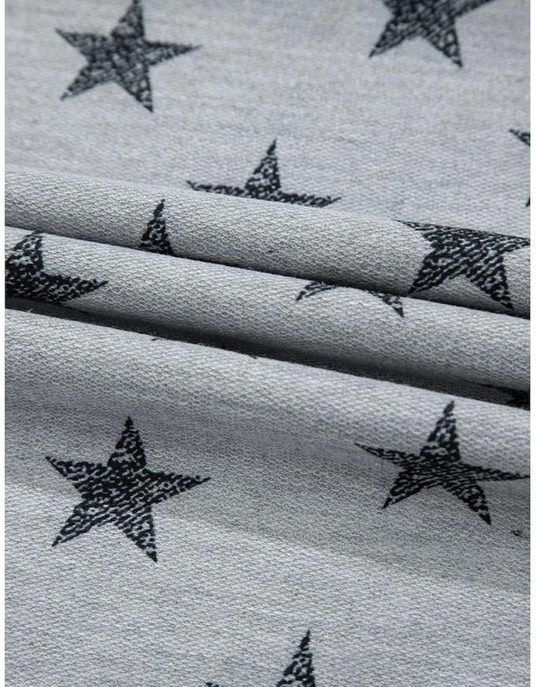 Gray Star Print Tiered Ruffled Sleeve Crew Neck T Shirt