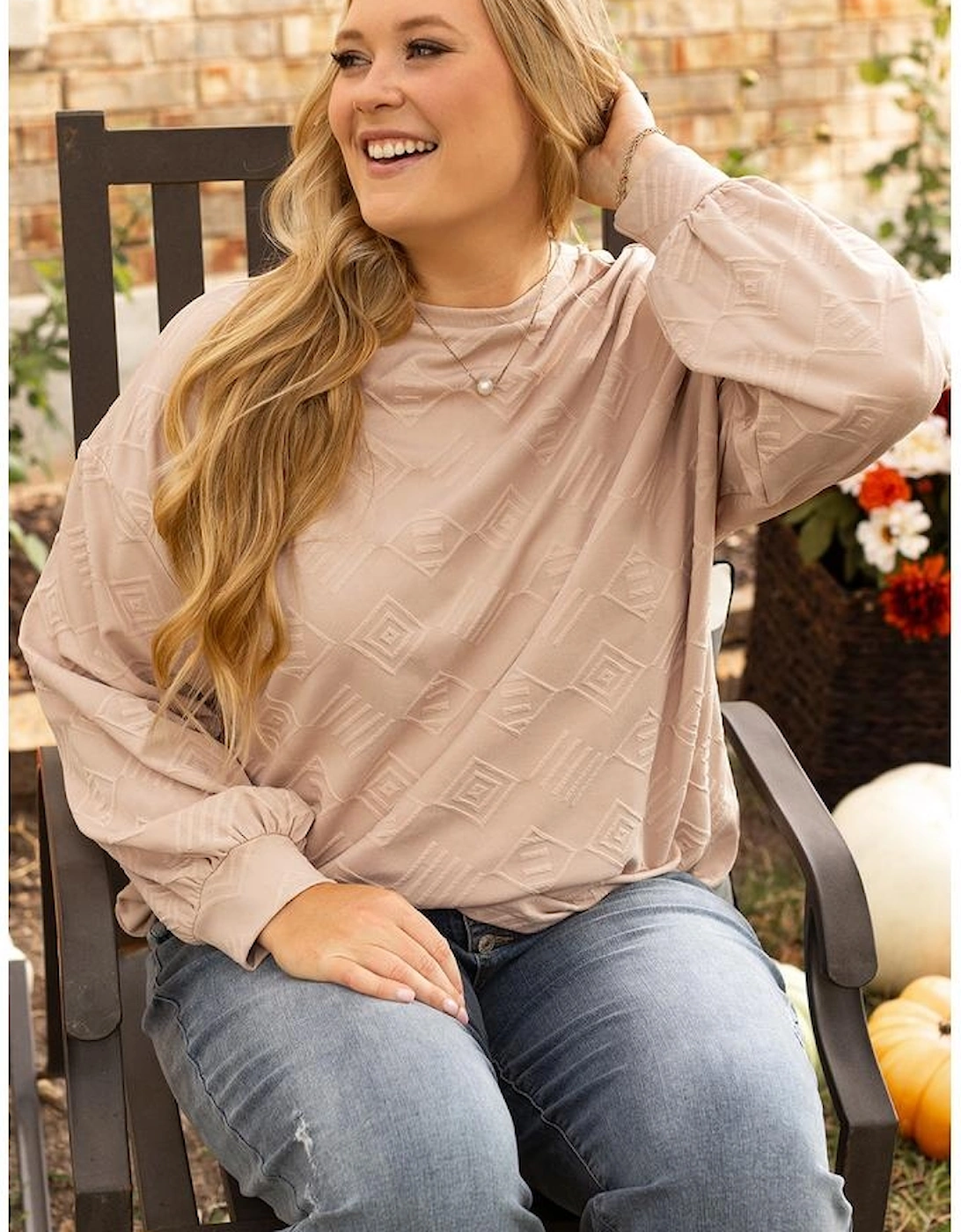 Parchment Plus Size Textured Drop Shoulder Crew Neck Sweatshirt