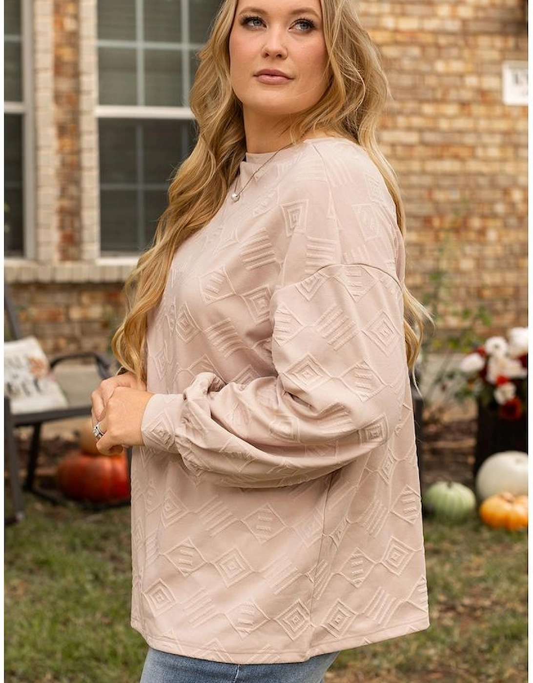 Parchment Plus Size Textured Drop Shoulder Crew Neck Sweatshirt