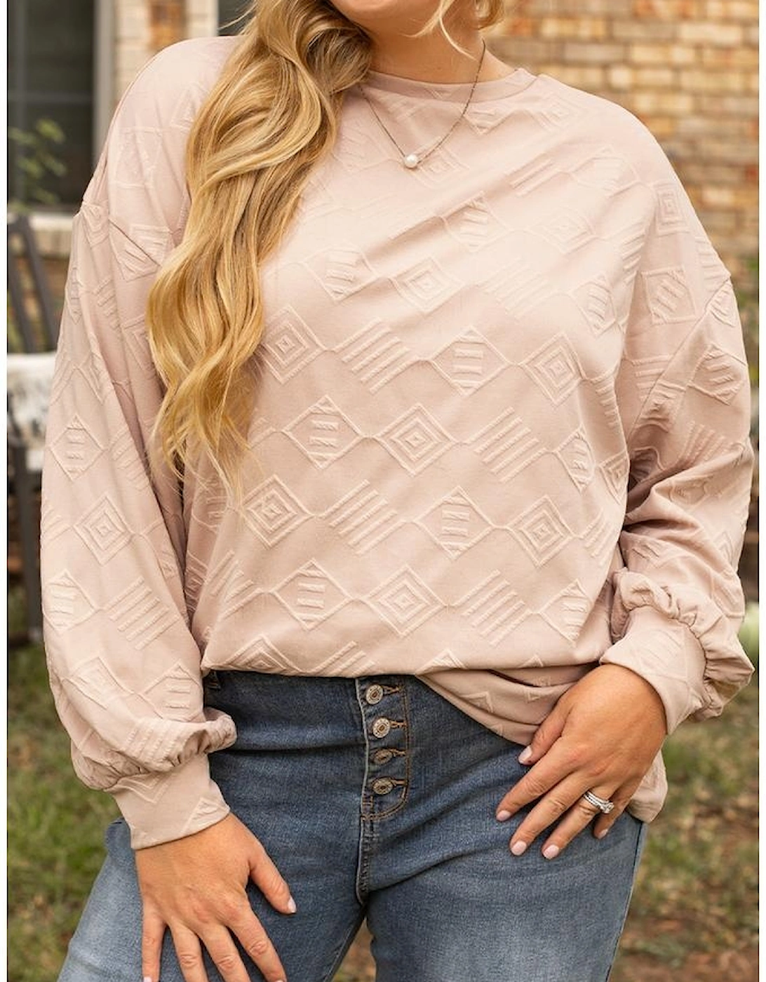 Parchment Plus Size Textured Drop Shoulder Crew Neck Sweatshirt