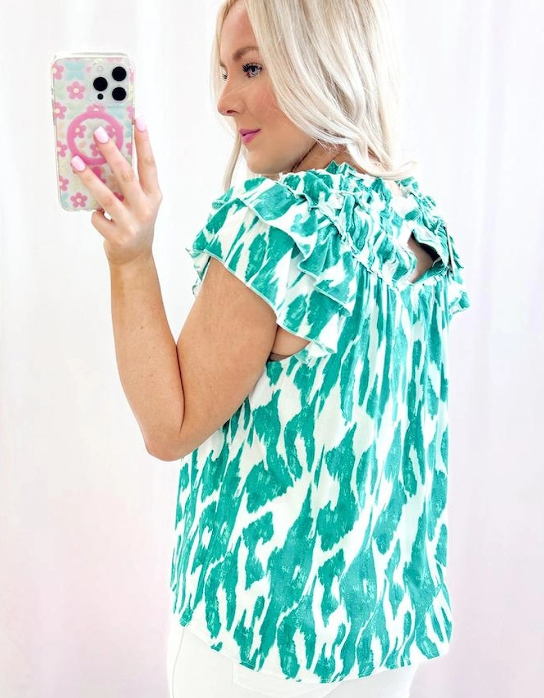 Sky Blue Abstract Print Frilled Crewneck Loose Fit Blouse, 12 of 11