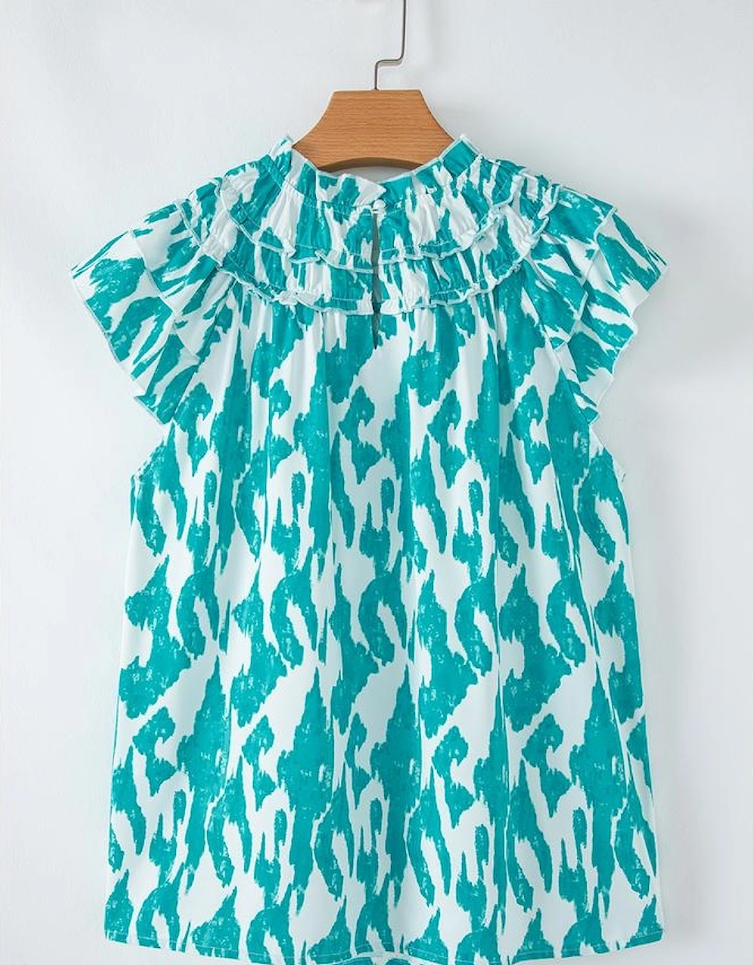 Sky Blue Abstract Print Frilled Crewneck Loose Fit Blouse