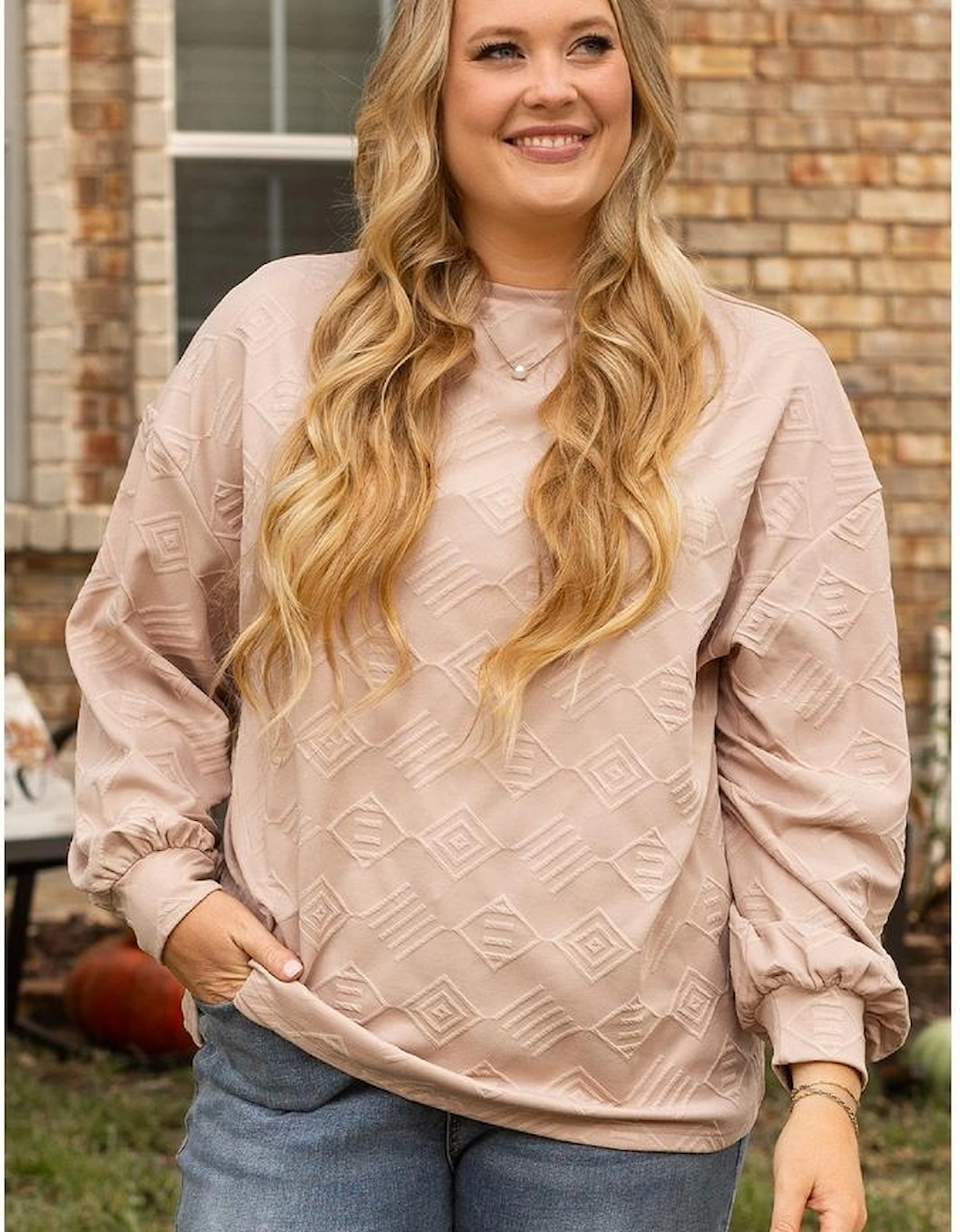 Parchment Plus Size Textured Drop Shoulder Crew Neck Sweatshirt