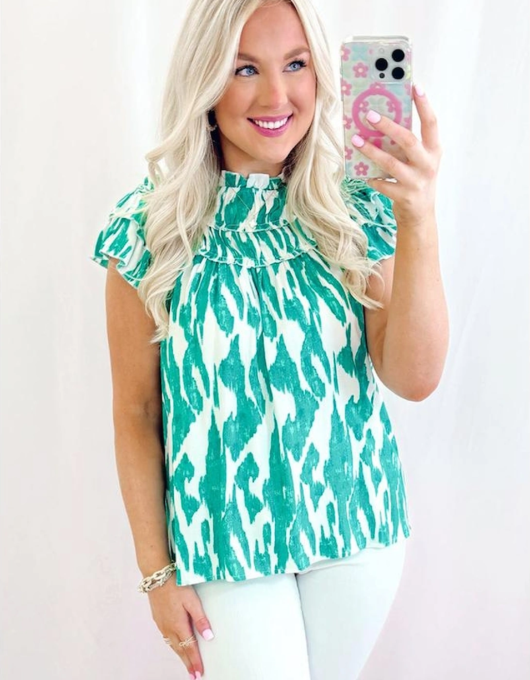 Sky Blue Abstract Print Frilled Crewneck Loose Fit Blouse