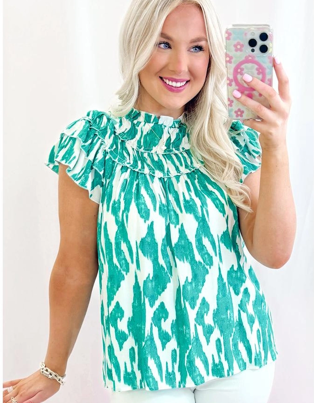 Sky Blue Abstract Print Frilled Crewneck Loose Fit Blouse