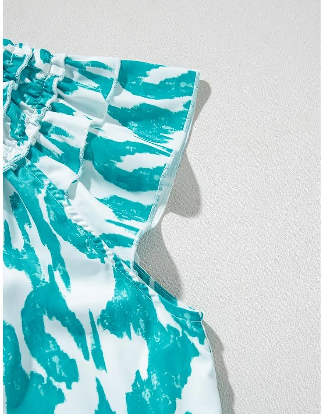 Sky Blue Abstract Print Frilled Crewneck Loose Fit Blouse