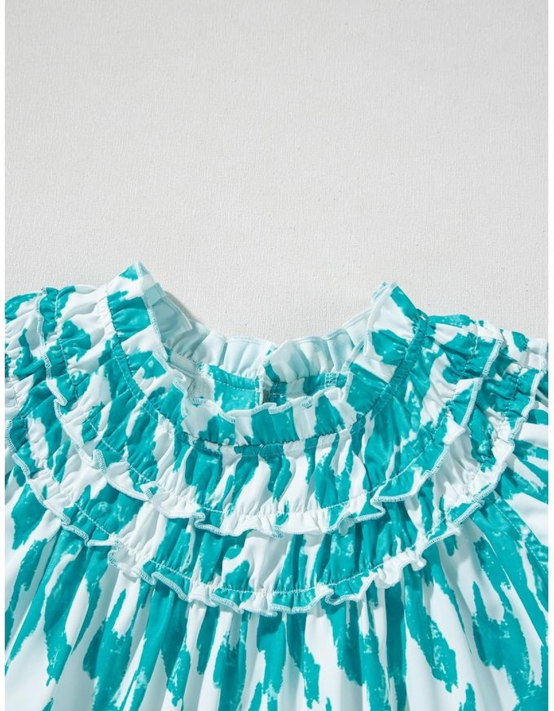 Sky Blue Abstract Print Frilled Crewneck Loose Fit Blouse