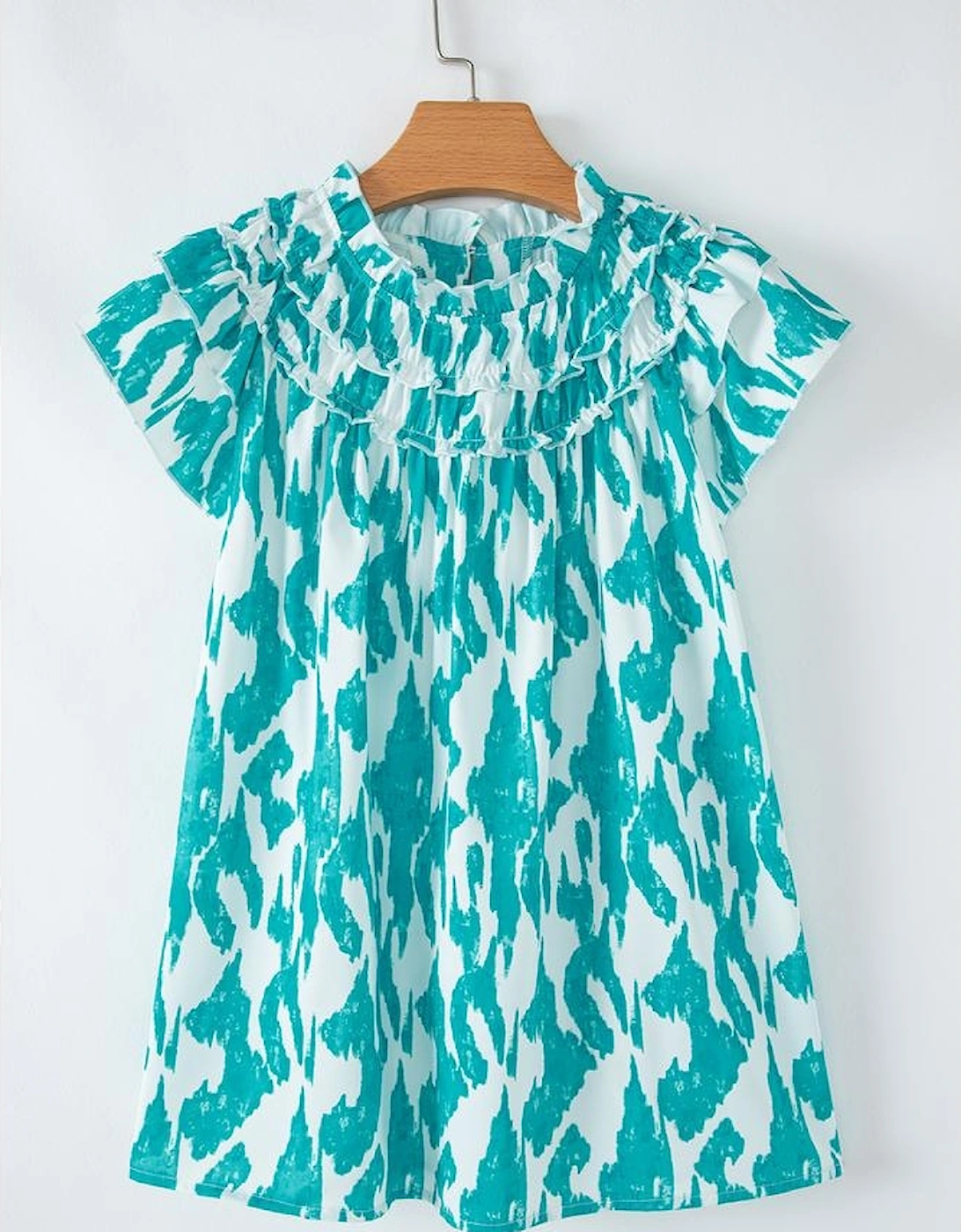 Sky Blue Abstract Print Frilled Crewneck Loose Fit Blouse