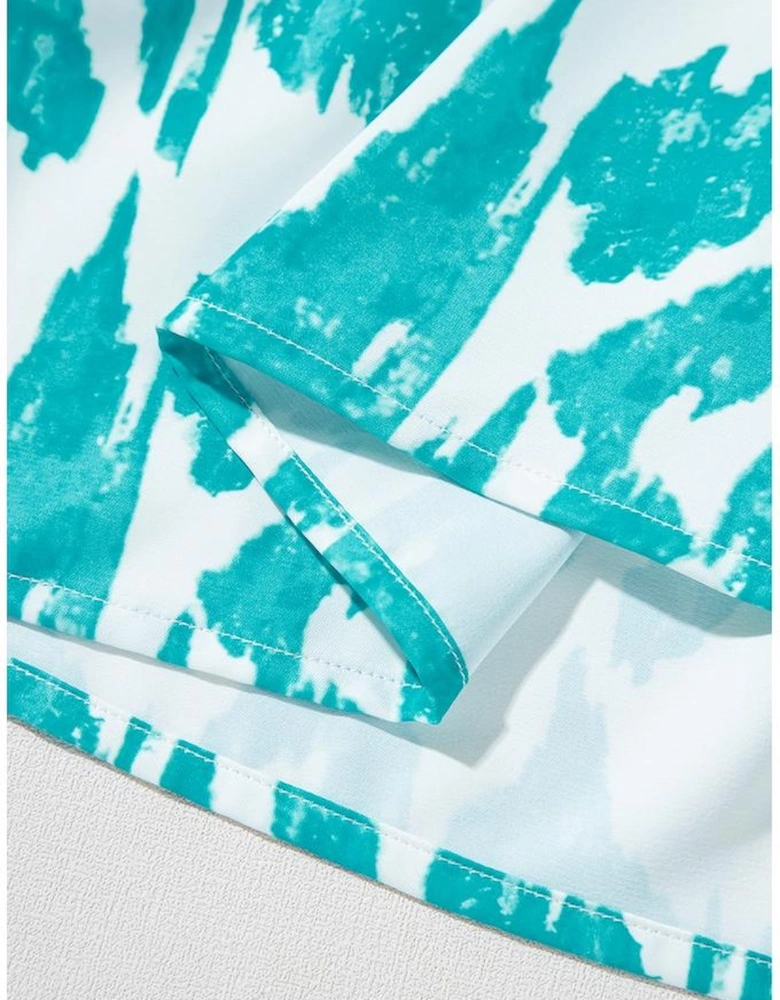 Sky Blue Abstract Print Frilled Crewneck Loose Fit Blouse