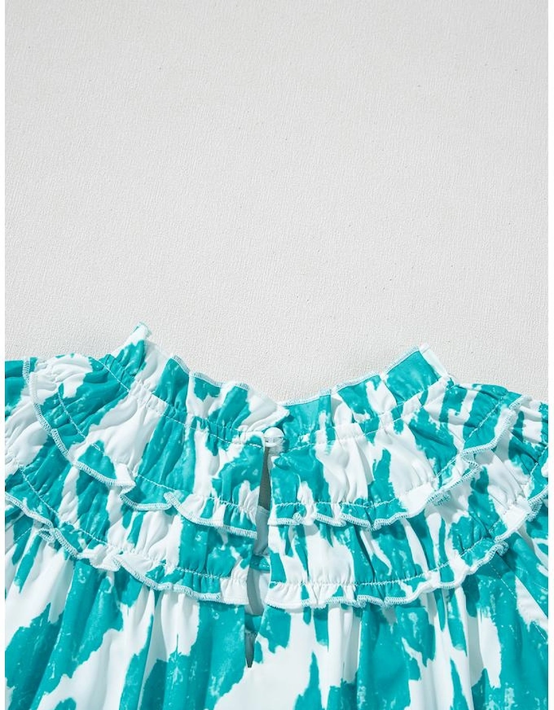 Sky Blue Abstract Print Frilled Crewneck Loose Fit Blouse