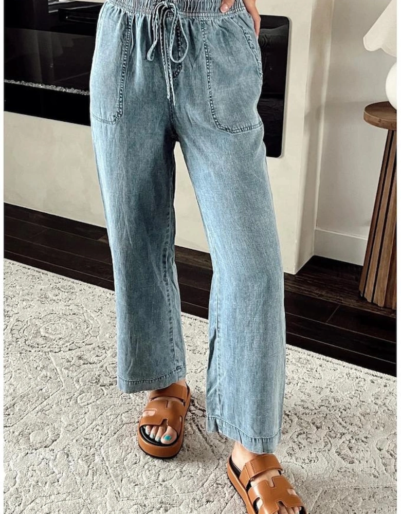 Myosotis Mineral Wash Drawstring Waist Loose Straight Denim Pants