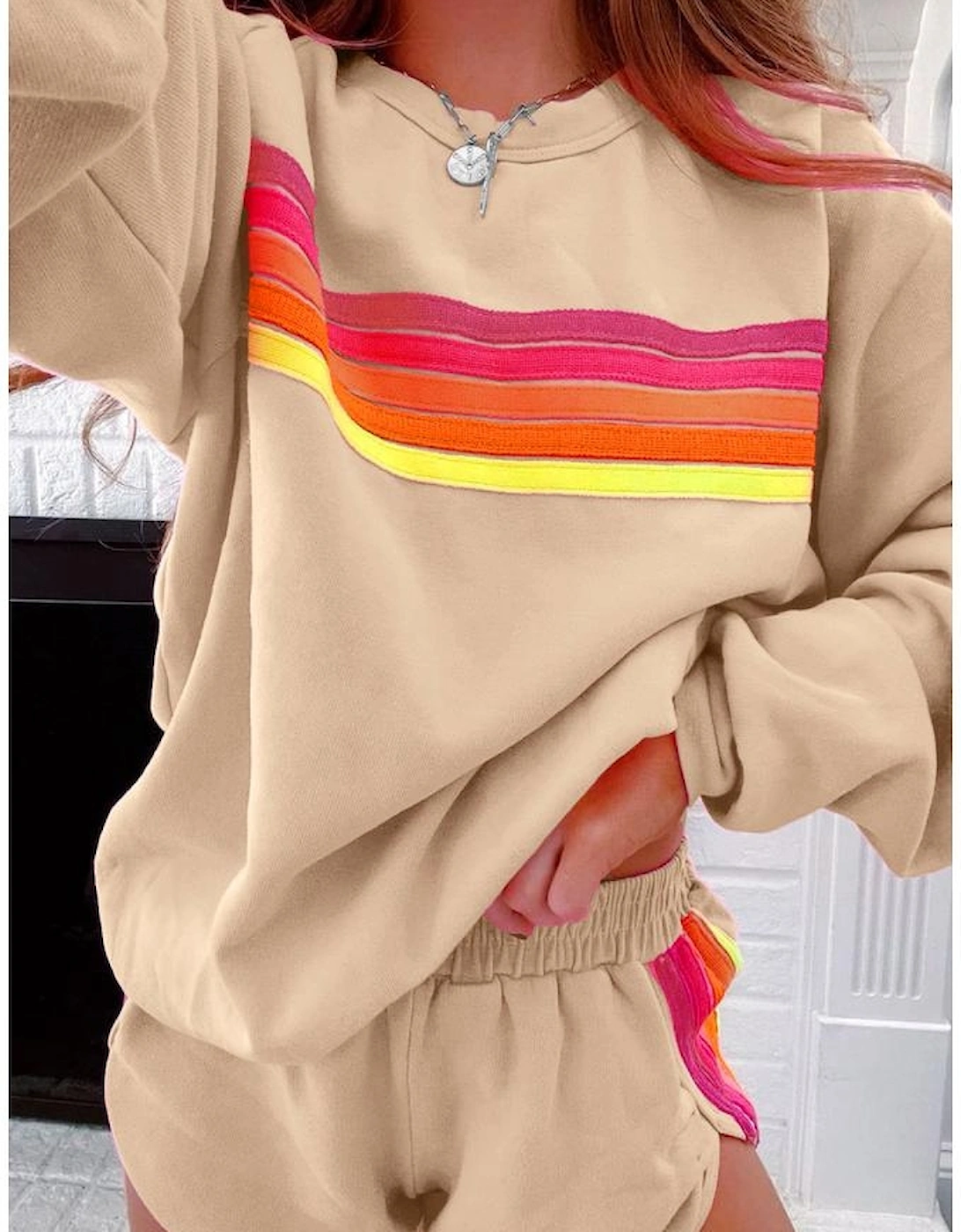 Apricot Striped Accent Pullover and Shorts Two Piece Casual Set