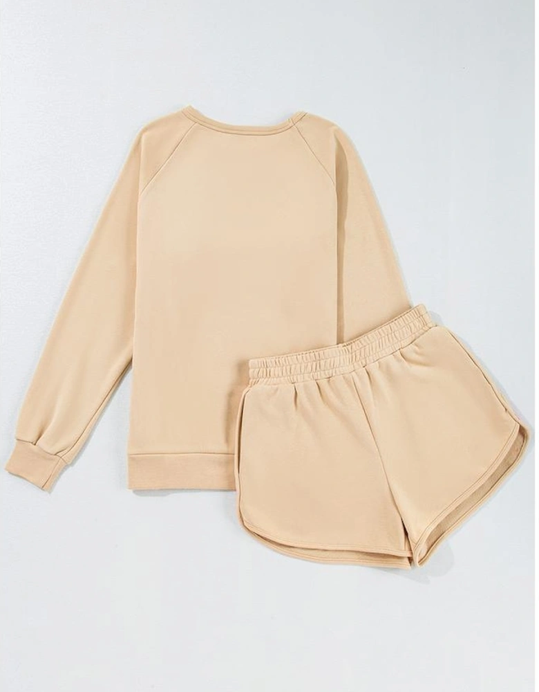 Apricot Striped Accent Pullover and Shorts Two Piece Casual Set