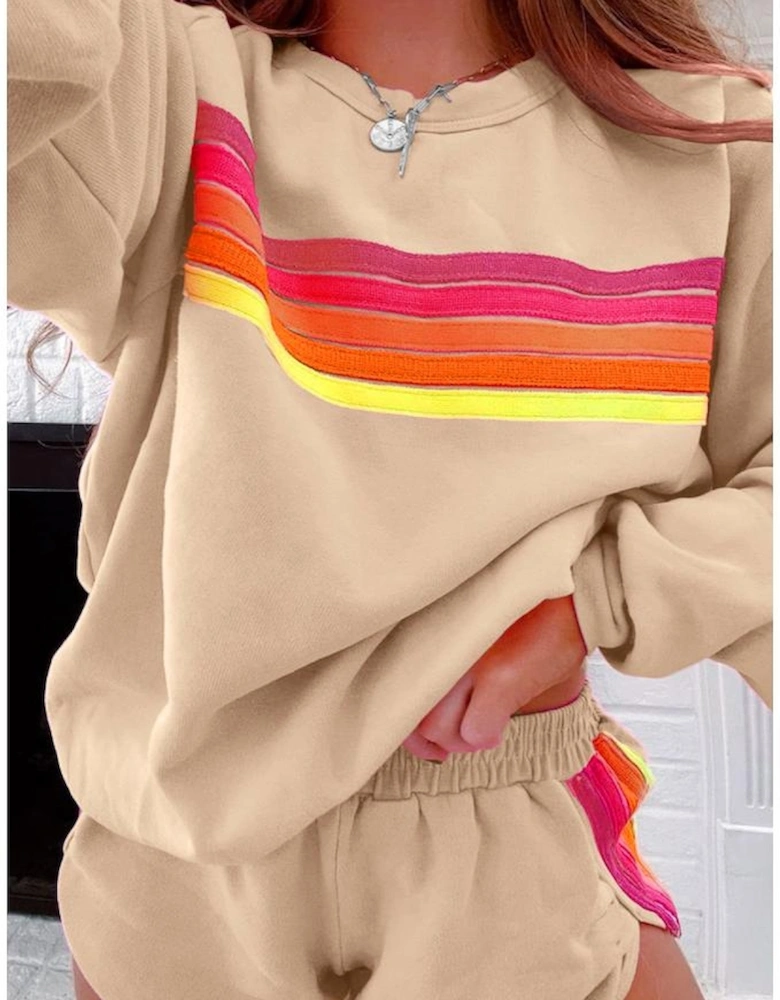 Apricot Striped Accent Pullover and Shorts Two Piece Casual Set