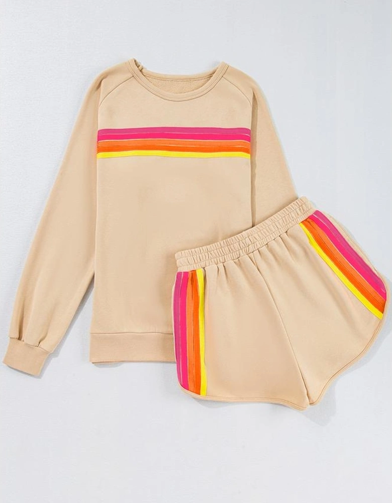 Apricot Striped Accent Pullover and Shorts Two Piece Casual Set