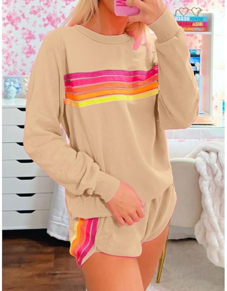 Apricot Striped Accent Pullover and Shorts Two Piece Casual Set