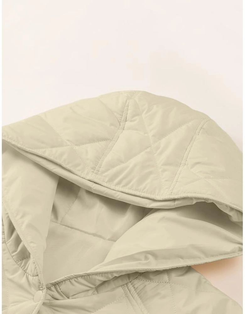 Beige Quilted Snap Button Hooded Coat